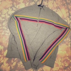 Rainbow and gray sweatshirt.